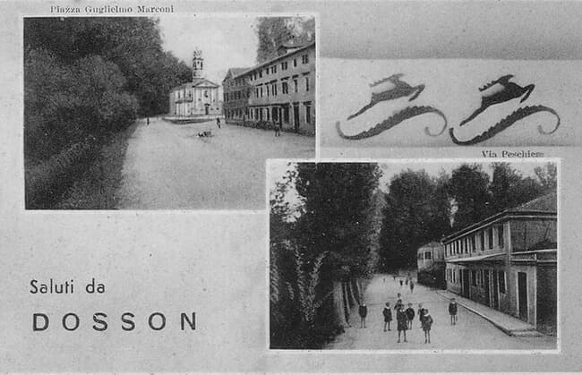 Postal de Dosson en la que aparece la Piazza Guglielmo Marconi, con la iglesia de San Vigilio al fondo. Todavía no se ha construido el monumento a los caídos en la Primera Guerra Mundial. La segunda imagen muestra la casa en Via Peschiere, y se describe en la página correspondiente.